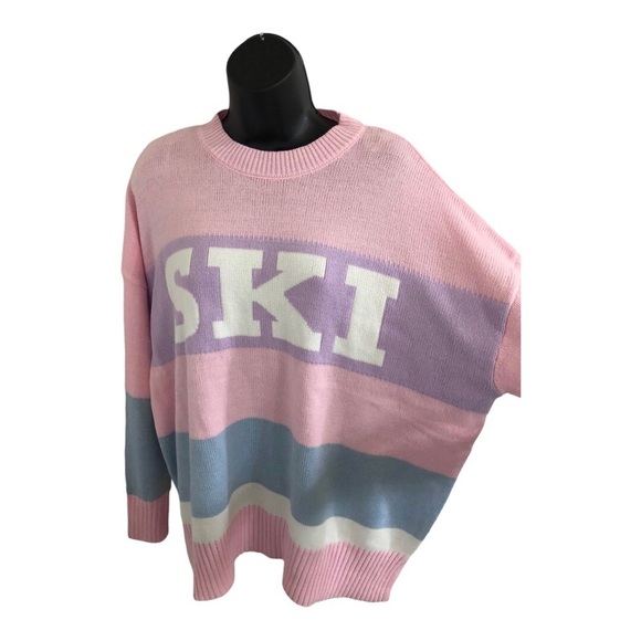 Sincerely jules pink blue stripe colorblock SKI graphic print sweater size S - Picture 5 of 12